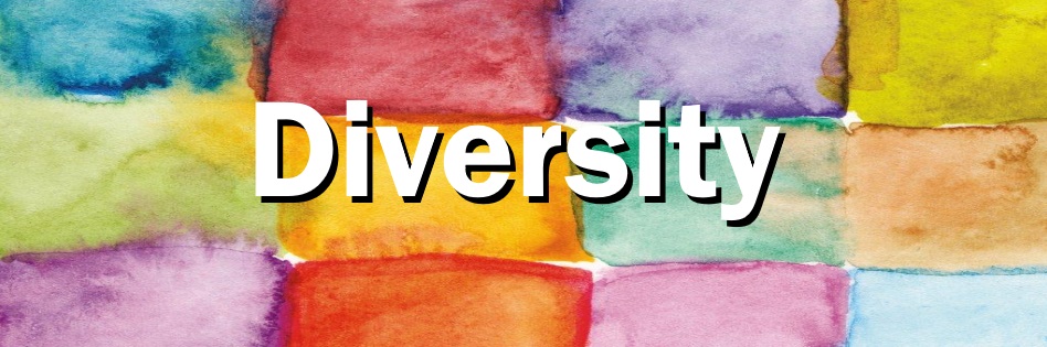 Text reading 'Diversity' against a background of watercolor squares