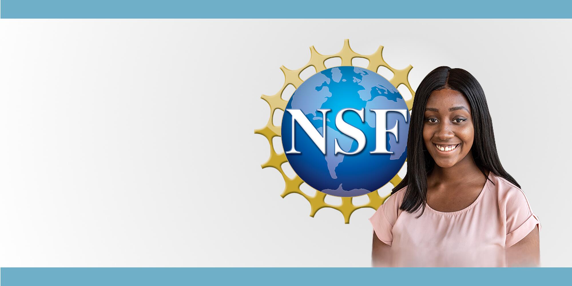 On right side, Mahogany Monette smiling and wearing a pink shirt. Behind her is the NSF logo. Background is a greyish white color with blue border on the top and bottom of the image.