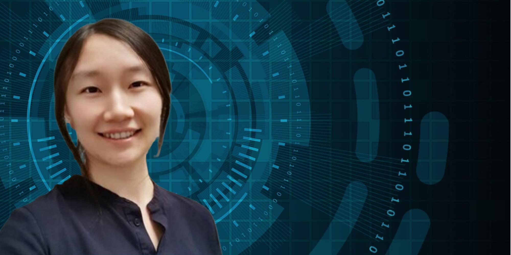 Dr. Zhang on left side of image wearing a blue blouse and dark blue background of concentric circles of differing styles and numbers.