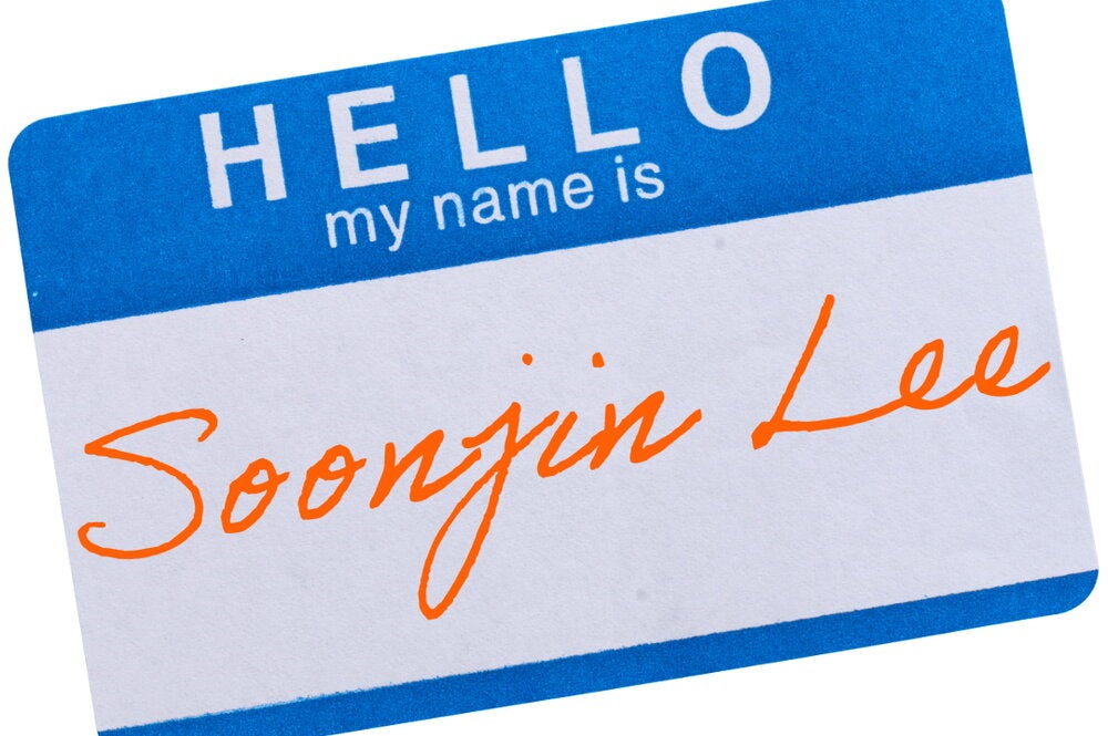 Name tag with Soonjin Lee written in cursive.