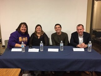 November 2018: How can I use my psychology degree for a career in human resources?   L-R: Denise Burger, Becky Barker, Cedric Estrada, Brett Litwiller