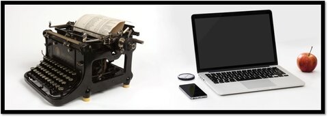 An old fashioned typewriter on the left and a modern laptop on the left against a white background