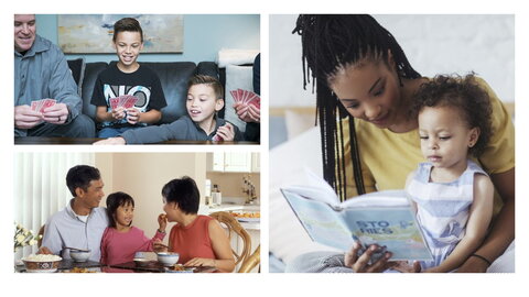 three pictures of families eating a meal together playing together and reading a book together