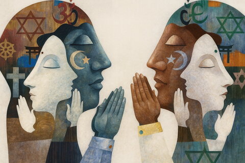 Two human profiles face each other, each containing layered silhouettes of praying figures. Various religious symbols, including the Star of David, Christian cross, Islamic crescent and star, Hindu Om, and Buddhist wheel, appear within the profiles, representing diverse faiths and spiritual traditions.