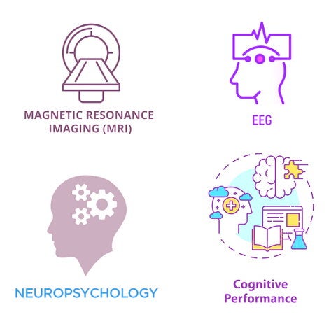 a graphic including line drawings of an MR scanner, and silhouettes of heads with gears and other psych related objects