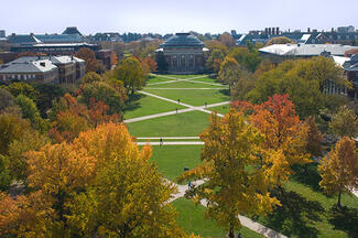 Picture looking down on the main quad with trees in fall colors