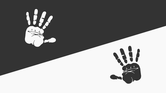 Imprint of hand in white on black background and black hand on white background