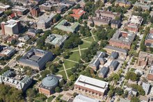 Aerial of Main Quadrangle looking northwest including Foellinger Auditorium, Gregory Hall, Lincoln Hall,  the English Building, Henry Administration, the Illini Union, Harker Hall, Noyes Laboratory, Davenport Hall, Foreign Language building.