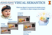 Image “Visual Semantics”; asks how objects’ occurrences in similar scenes contribute to object category knowledge. An infant wearing a head-mounted camera illustrates visual input. A sequence of kitchen-counter images shows object segmentation of a fruit plate from the background, with toys and a coffee maker present. The segmented fruit is labeled “food” to illustrate category labeling, and the bananas “banana” to illustrate subcategory labeling. An illustration for the emergence of conceptual knowledge.
