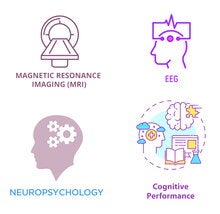 a graphic including line drawings of an MR scanner, and silhouettes of heads with gears and other psych related objects