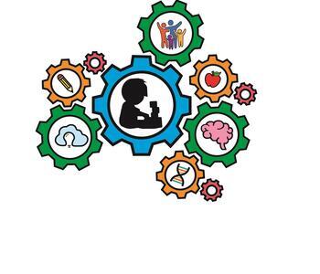 An image of interlocking gears, each of which has a simple image within it: a child playing in profile, a pencil, an apple, a group of people, a brain, a section of DNA.