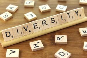 The word "diversity" written in Scrabble tiles