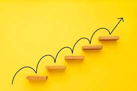 Image of wooden steps against a yellow background with a pen line arrow drawn to indicate a jumping pattern of movement up the stairs