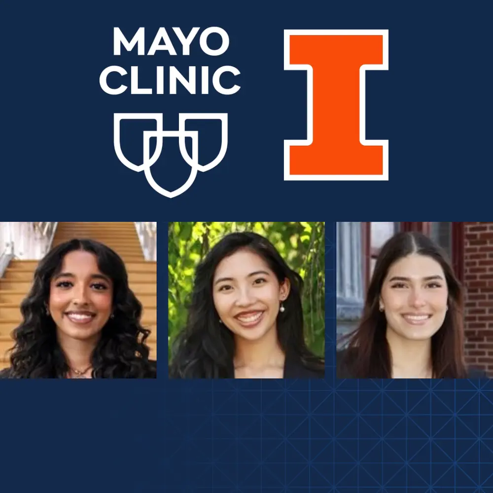 Three pictures of our selected students under the mayo clinic and block I logos
