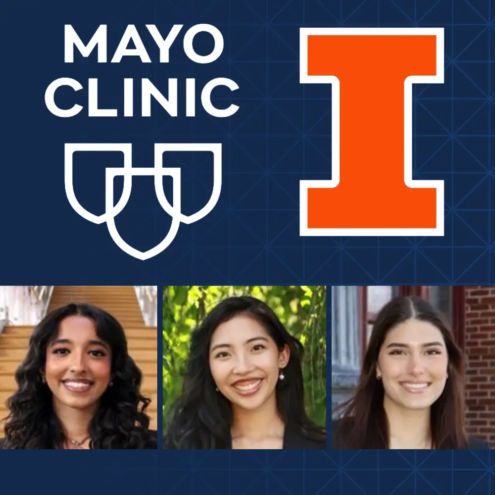 Three pictures of our selected students under the mayo clinic and block I logos