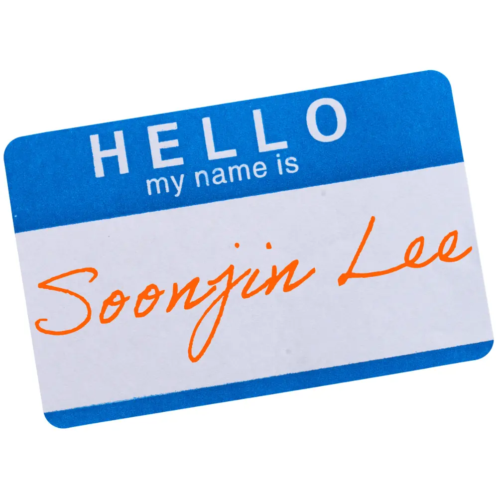 Name tag with Soonjin Lee written in cursive.