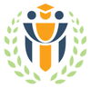 Logo for Community-Academic Scholars Initiative. Gold icon of person with graduation cap hugged by two blue people icons on either side and framed with green laurel branches.