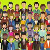 Crowd of illustrated people of different skin tones and clothing against a lime green background