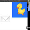 Little girl in a blue t-shirt in a Zoom conference video window, along with the picture she is looking at: a green frog, a yellow duck, and an envelope.