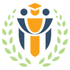 Logo for Community-Academic Scholars Initiative. Gold icon of person with graduation cap hugged by two blue people icons on either side and framed with green laurel branches.